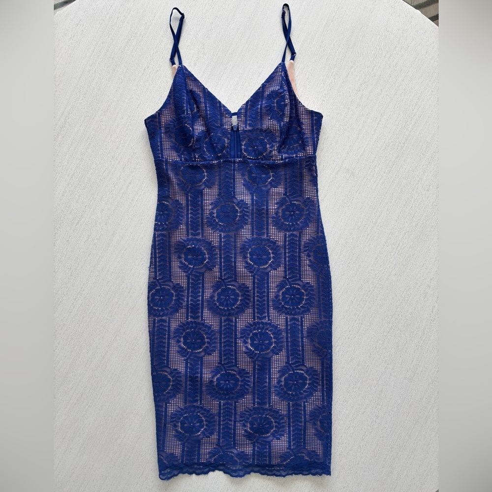 Lulus Royal Blue & Nude Lace Bodycon Dress
